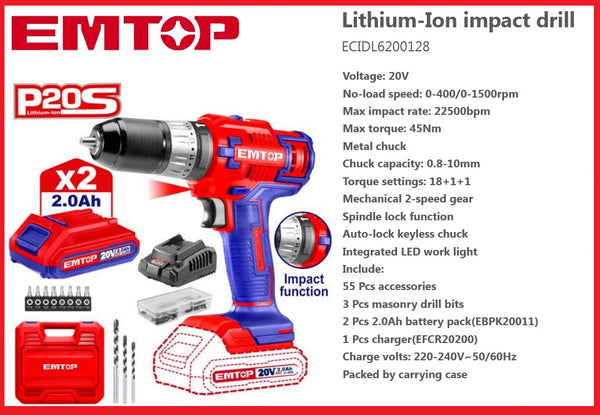 Lithium-ion cordless drill 20V ECIDL6200128 | Company : EMTOP | Origin China